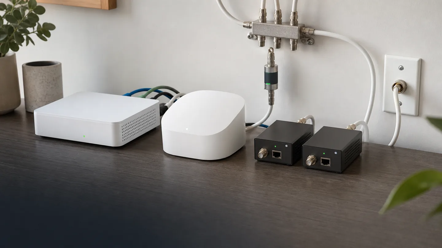 Frontier fiber MoCA backhaul setup with mesh router, coax splitter, POE filter, and MoCA adapters