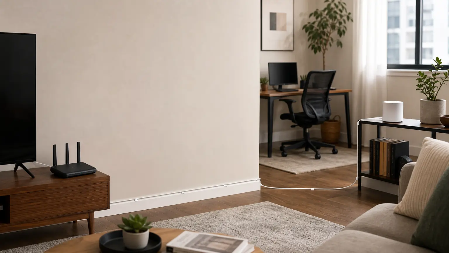 Illustration of an apartment-friendly Ethernet run connecting a router and remote mesh node with low-visibility cable routing