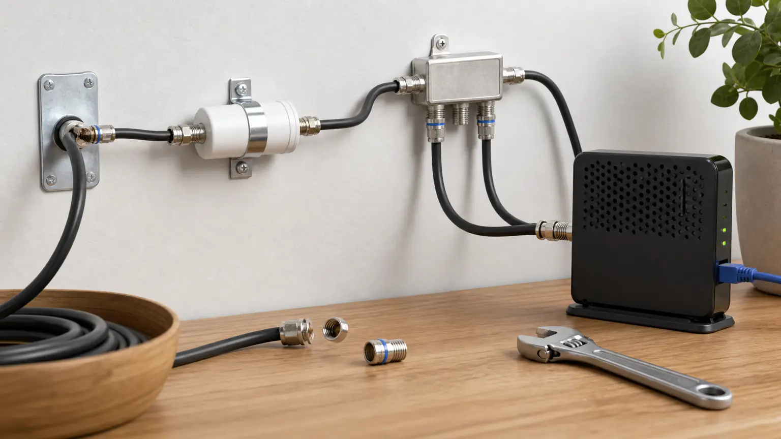 Illustration of a home MoCA setup with coax connections, splitter, and adapter points being checked for problems
