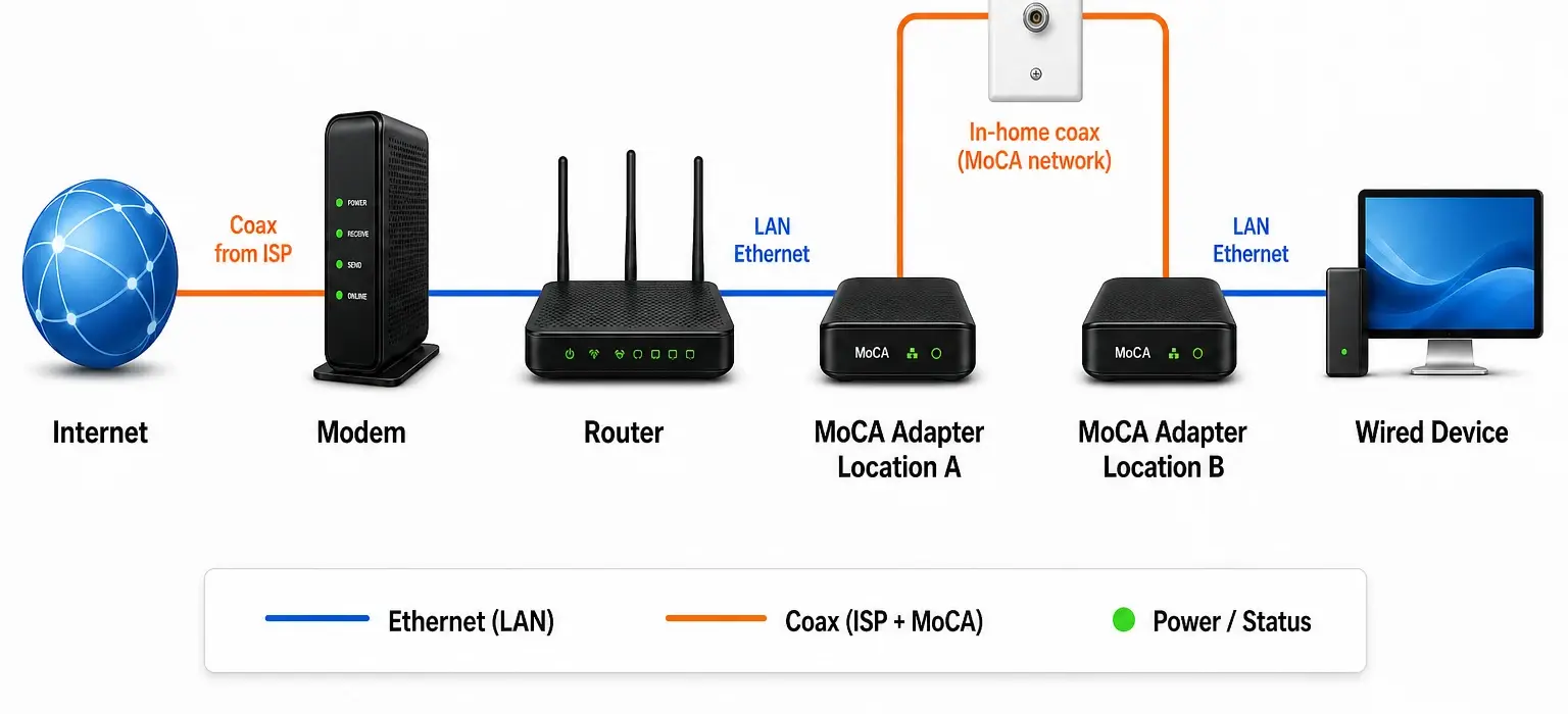 Basic MoCA setup with separate modem and router: ISP coax to modem, Ethernet to router, Ethernet to a MoCA adapter, in-home coax to a second MoCA adapter, then Ethernet to a wired device.