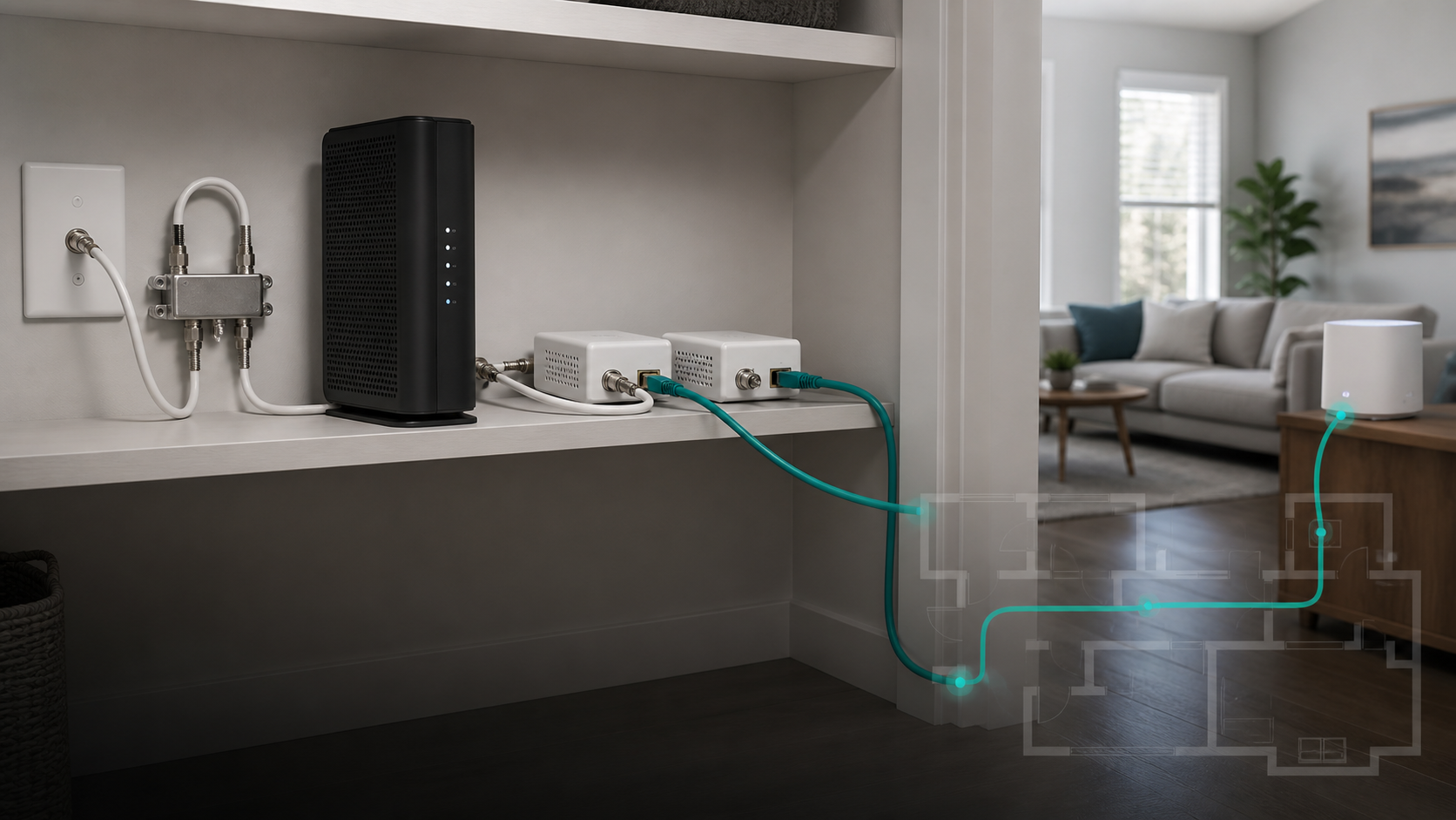 Spectrum-style cable modem, coax splitter, MoCA adapters, and mesh node connected for wired backhaul