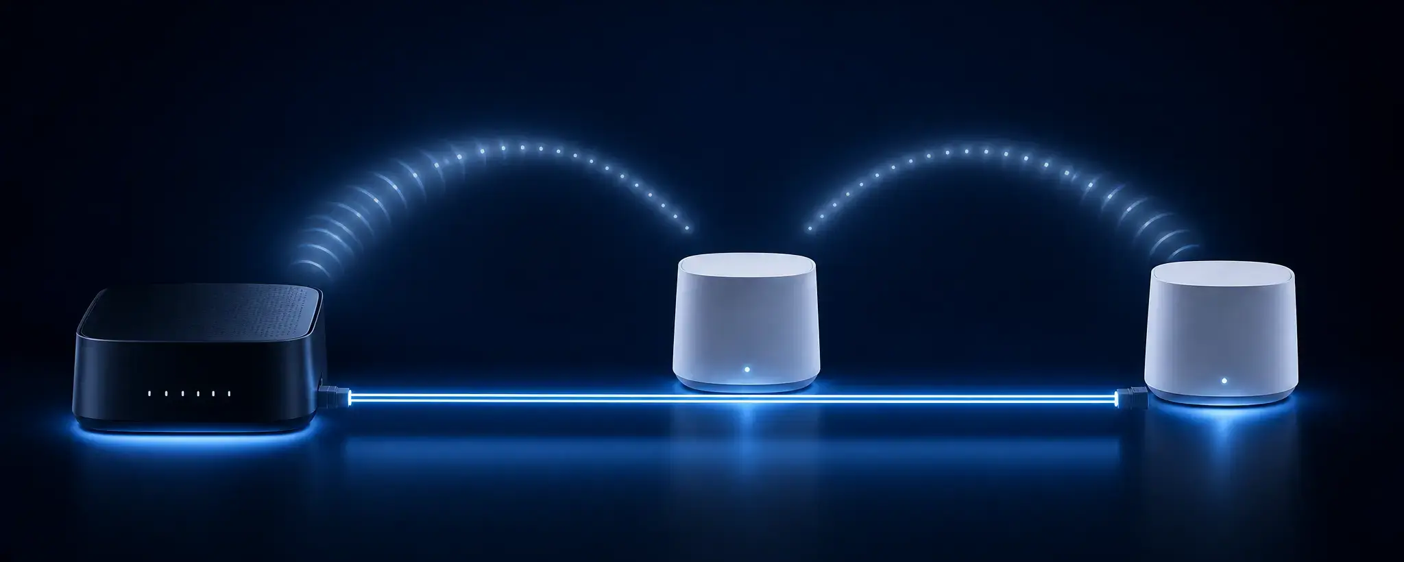 Diagram: wireless mesh hops versus wired backhaul links between router and nodes