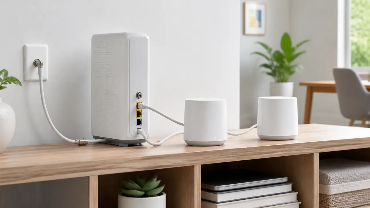 Cable internet gateway with coax wall plate and mesh Wi-Fi nodes arranged for reliable Cox home coverage