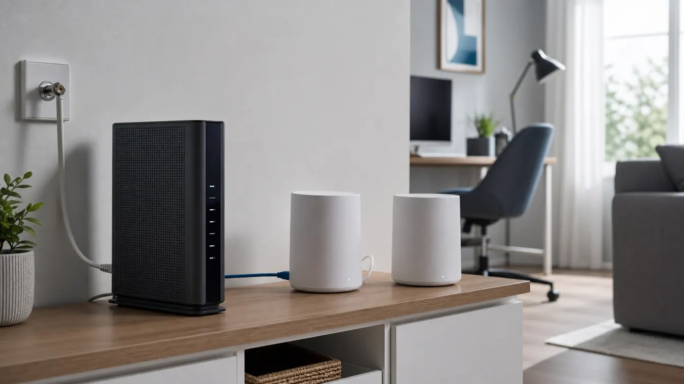 Cable internet gateway with mesh Wi-Fi nodes connected for reliable Spectrum home coverage