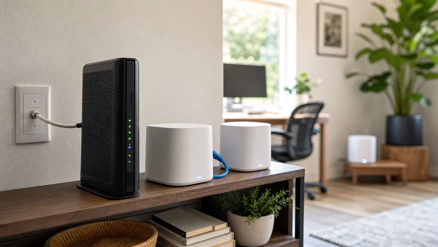 Cable internet gateway with mesh Wi-Fi nodes connected for wired backhaul in a home office